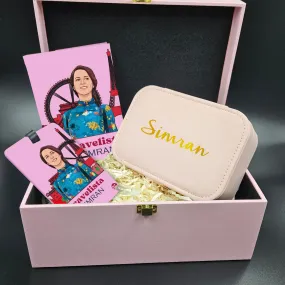 Personalised Gift Box Hamper For Women Comes with Passport Cover Photos Art and Pink Jewellery Box