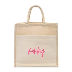 PERSONALIZED WOVEN JUTE MEDIUM TOTE BAG WITH POCKET -  SCRIPT FONT