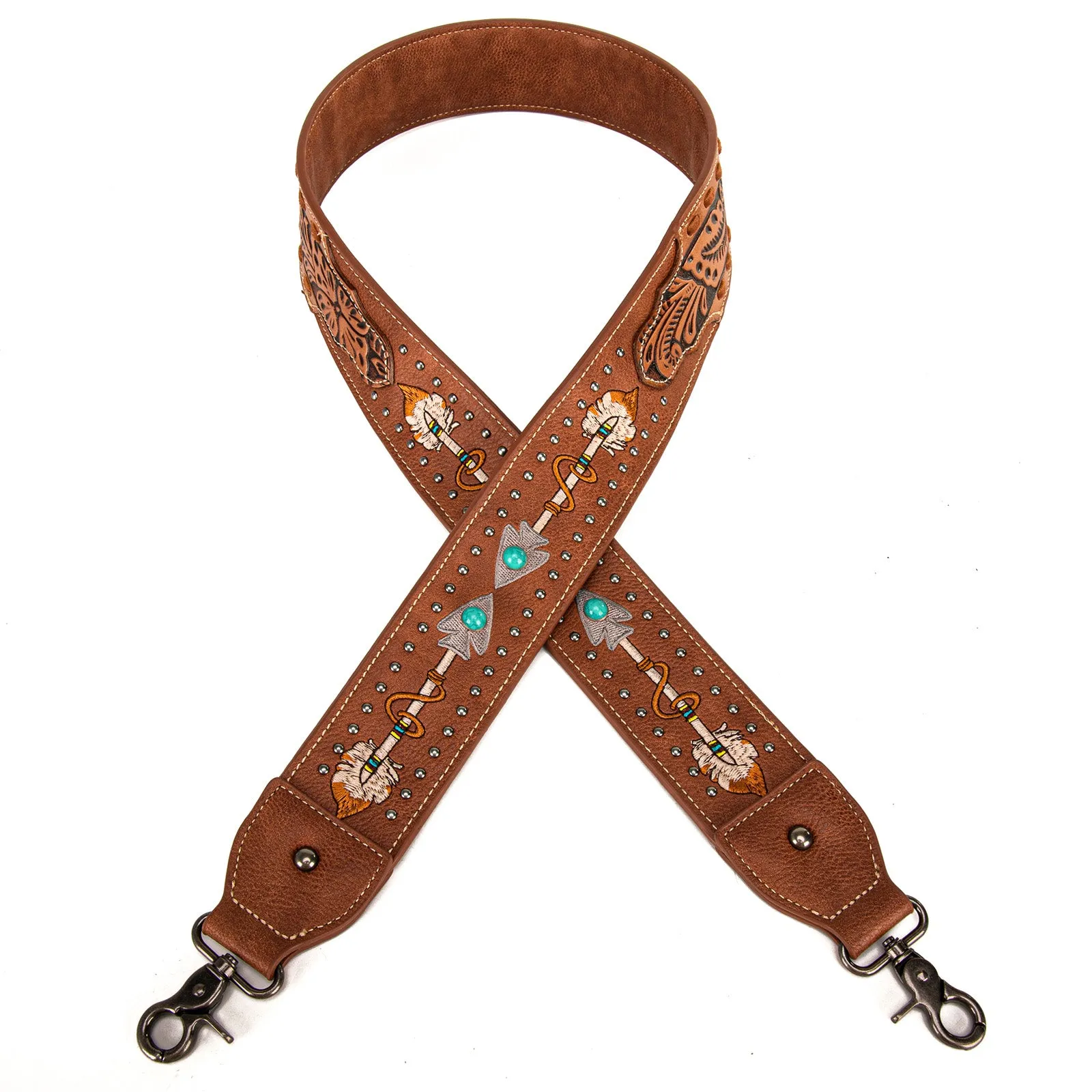 PST-1006  Montana West Western Guitar Style Floral Tooled Arrow" Crossbody Strap - Brown