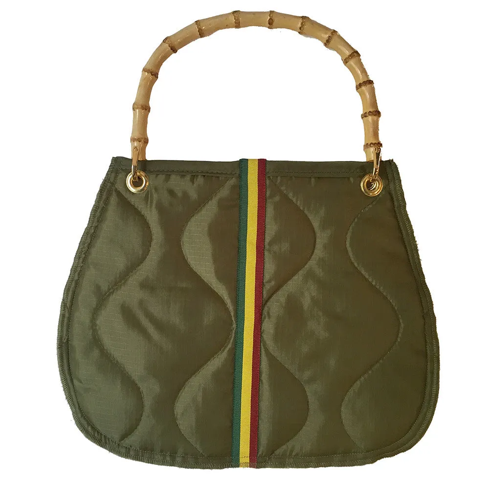 Quilted Nylon Bamboo Handle Bag | Olive