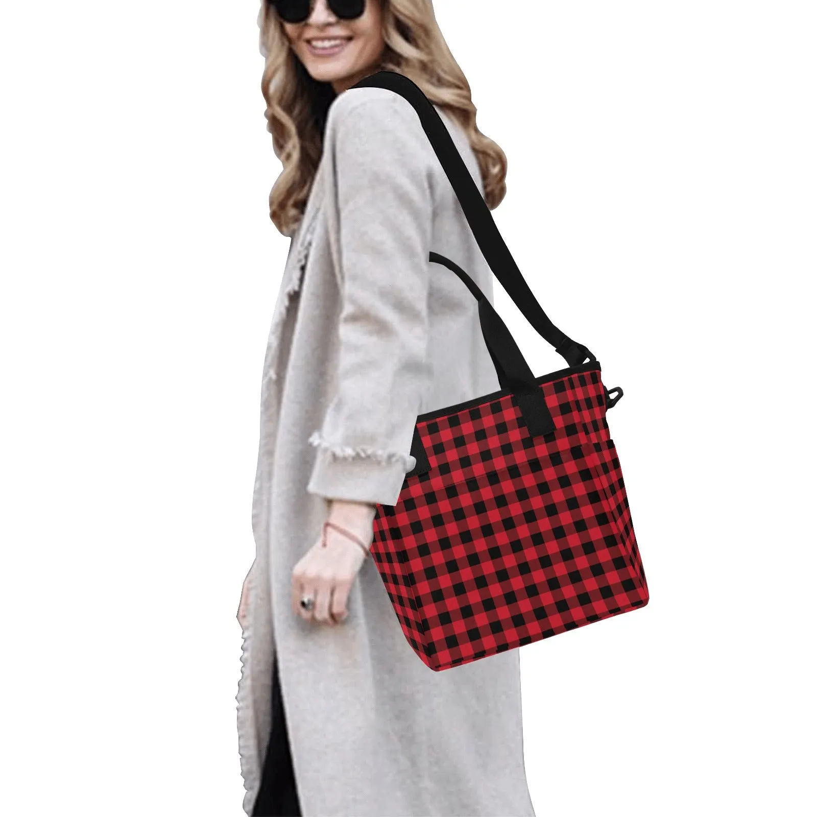 Red Buffalo Plaid Canvas Tote Bag with Shoulder Strap, Check Print Black Beach Summer Aesthetic Shopping Reusable Bag with Pockets