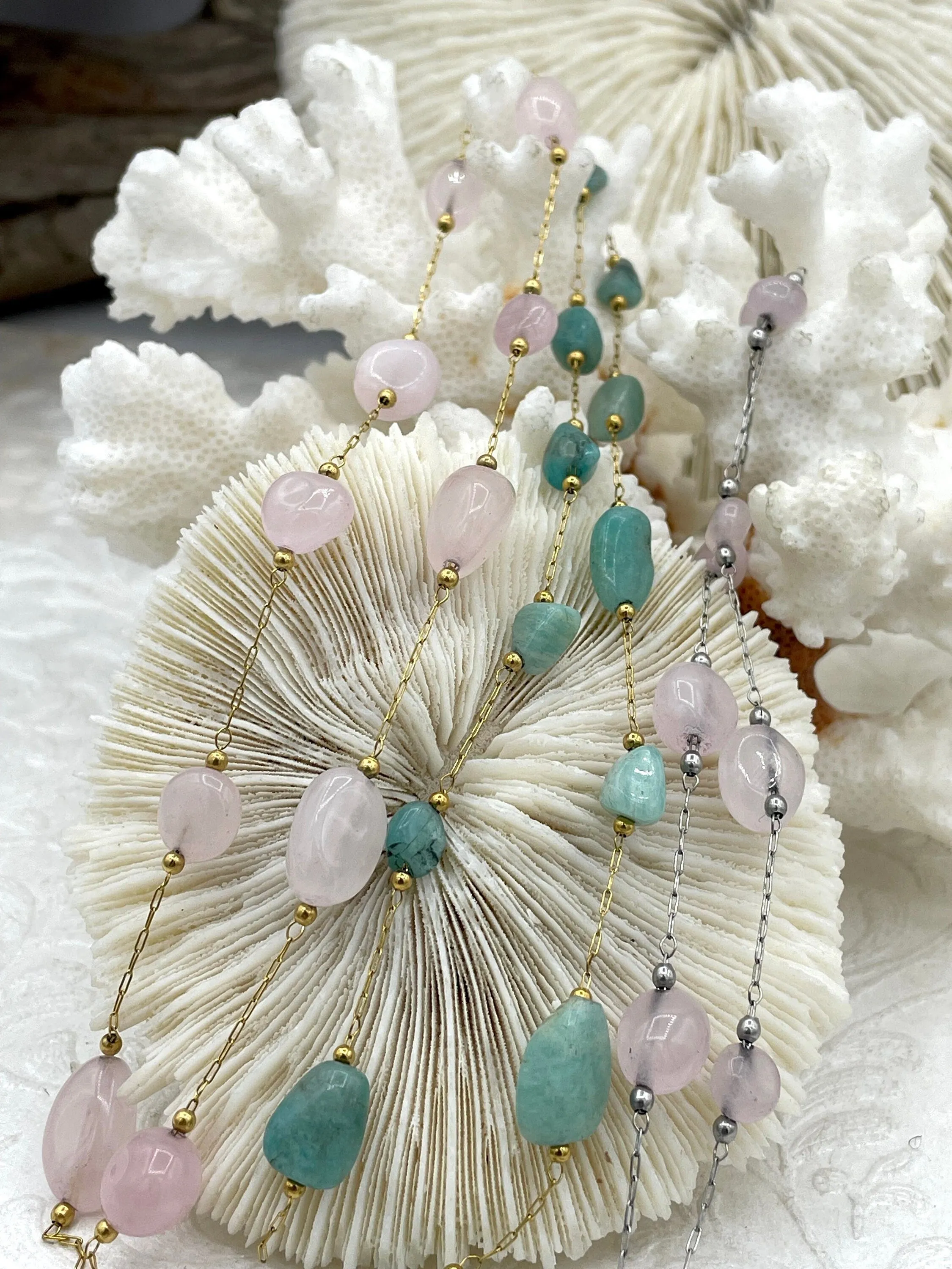 Rose Quartz and Amazonite Stone Beaded Rosary Chains, Beaded Chains, 3 styles. stone beads, Gold or Silver Wire, Sold by the foot. Fast ship