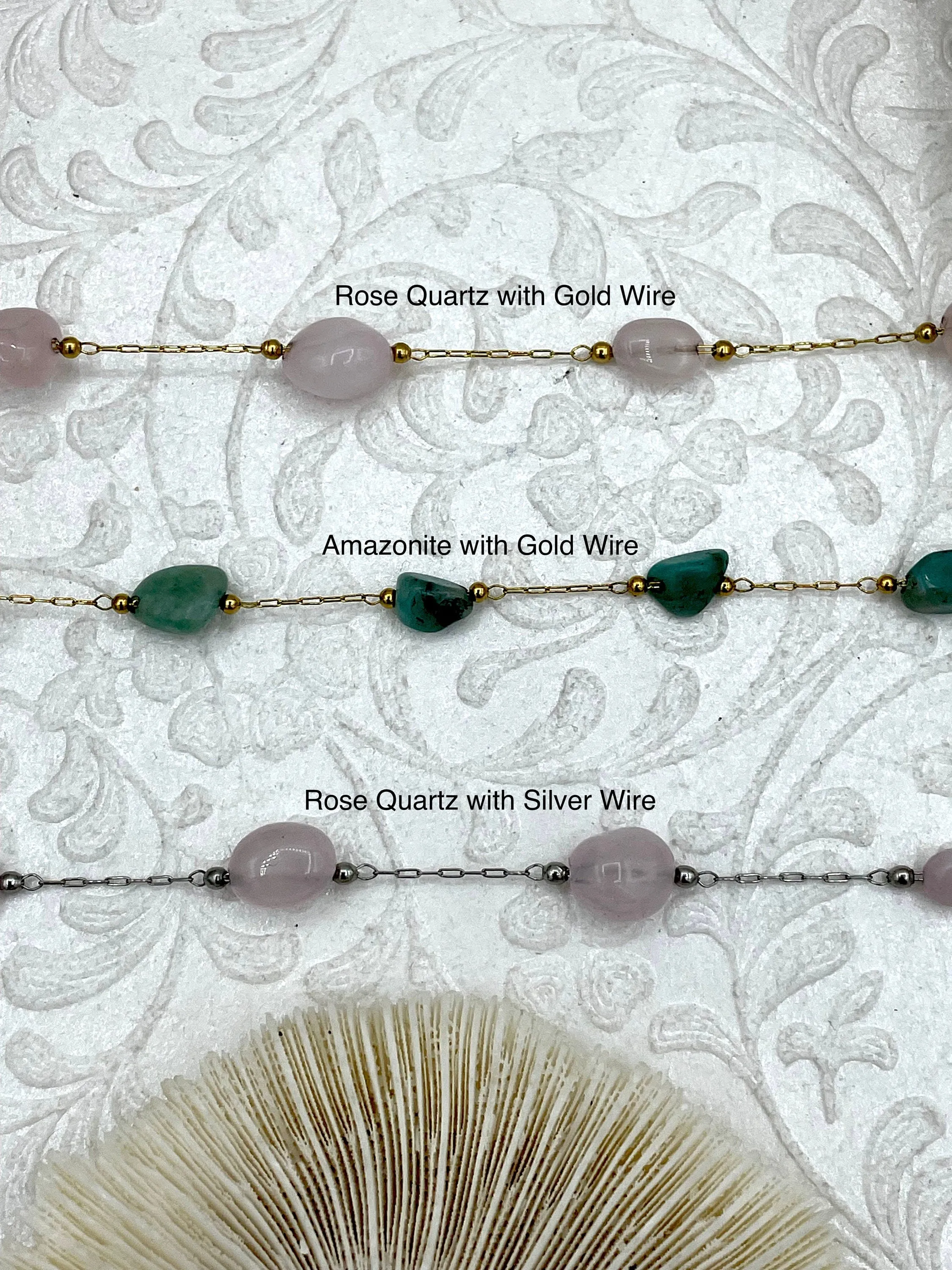 Rose Quartz and Amazonite Stone Beaded Rosary Chains, Beaded Chains, 3 styles. stone beads, Gold or Silver Wire, Sold by the foot. Fast ship