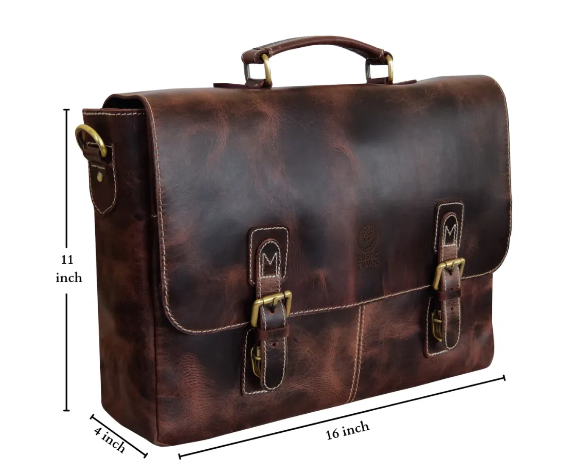 RusticTown 16" Leather Satchel Laptop Briefcase Bag (Mulberry)