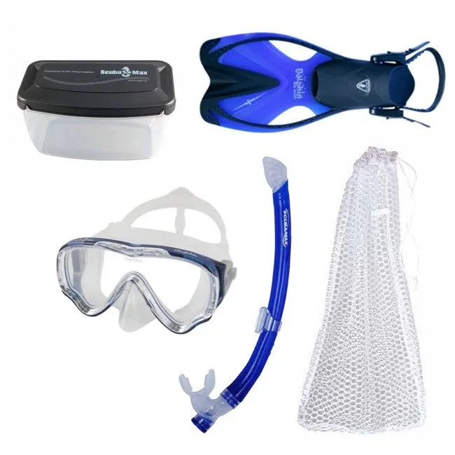 Scuba Max Kids MK-253 Dolphin Mask, FN-308 Dolphin, SK-229 Matrix, Mask box and Mesh Bag Snorkel Combo