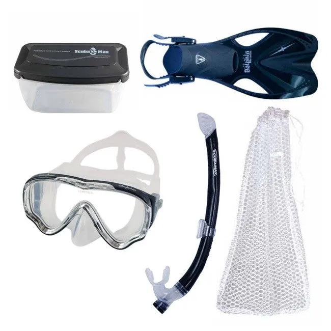 Scuba Max Kids MK-253 Dolphin Mask, FN-308 Dolphin, SK-229 Matrix, Mask box and Mesh Bag Snorkel Combo