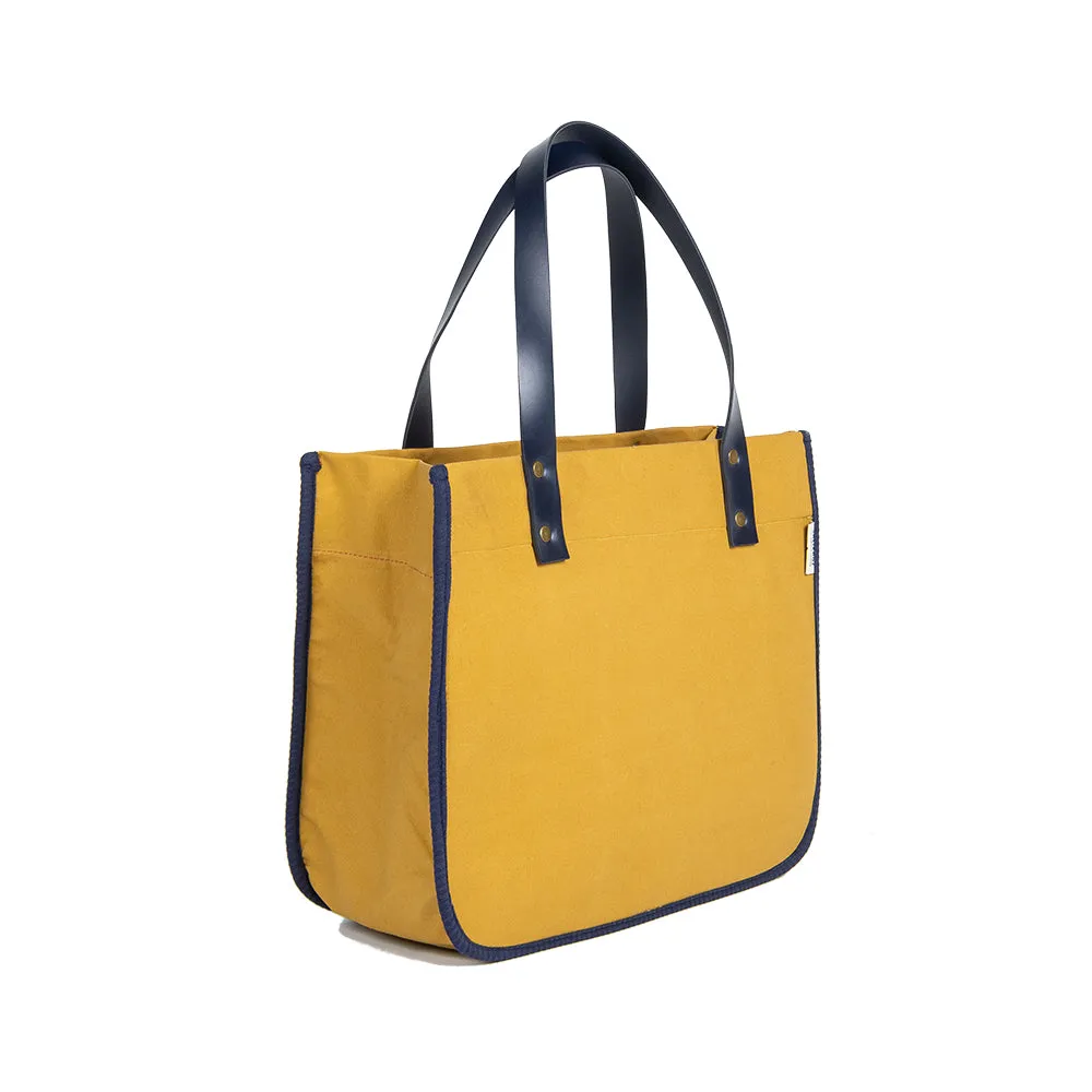 SHEIKHOZ - Mustard Canvas with Navy Leather Handles and Piping