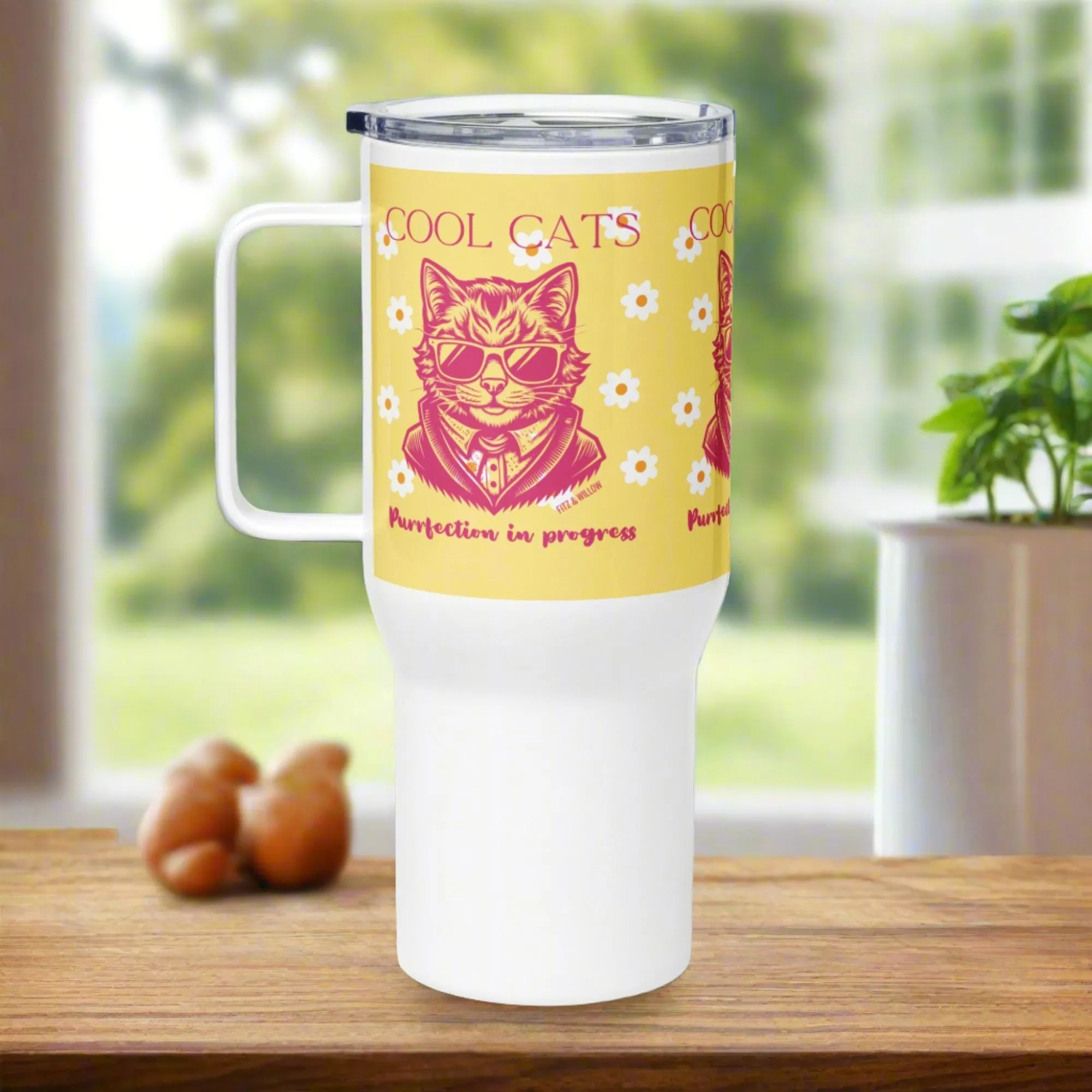 Sustainable Travel mug with handle with cool cat design