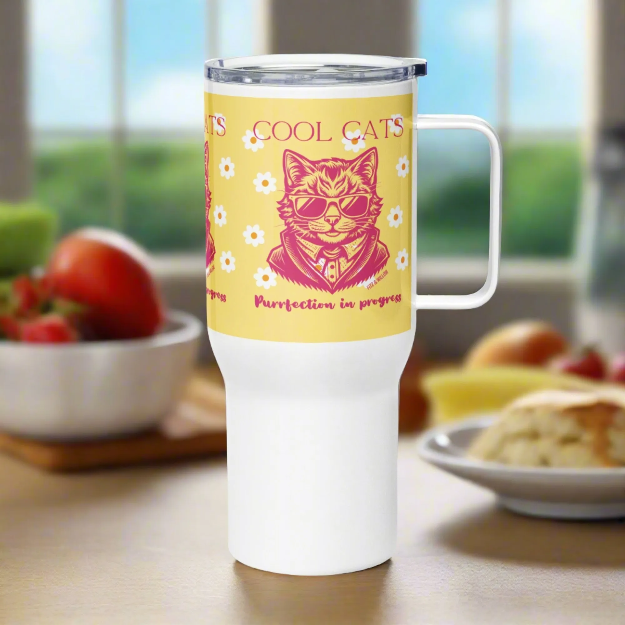 Sustainable Travel mug with handle with cool cat design