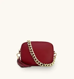 The Tassel Cherry Red Leather Crossbody Bag With Gold Chain Strap