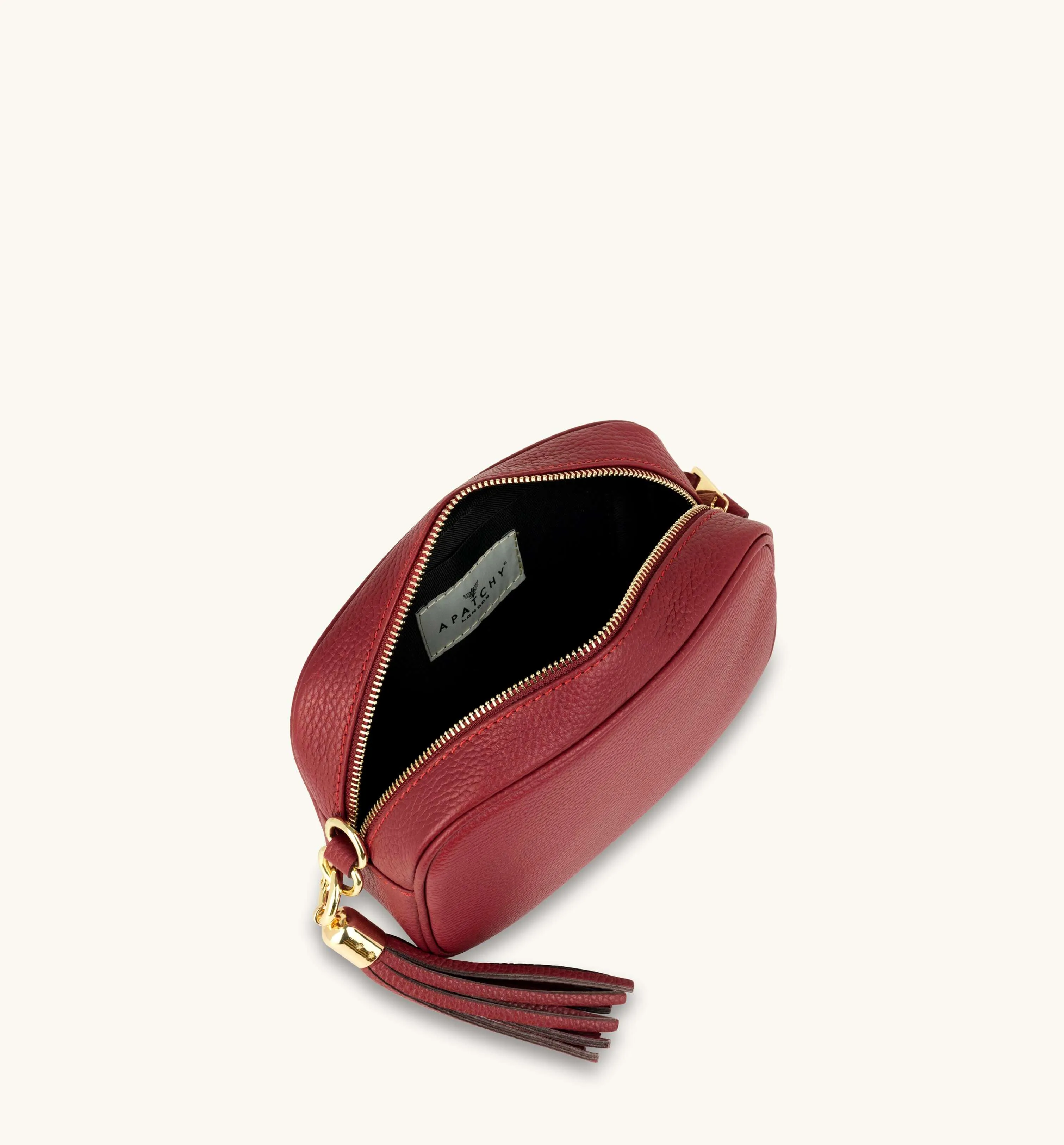 The Tassel Cherry Red Leather Crossbody Bag With Gold Chain Strap