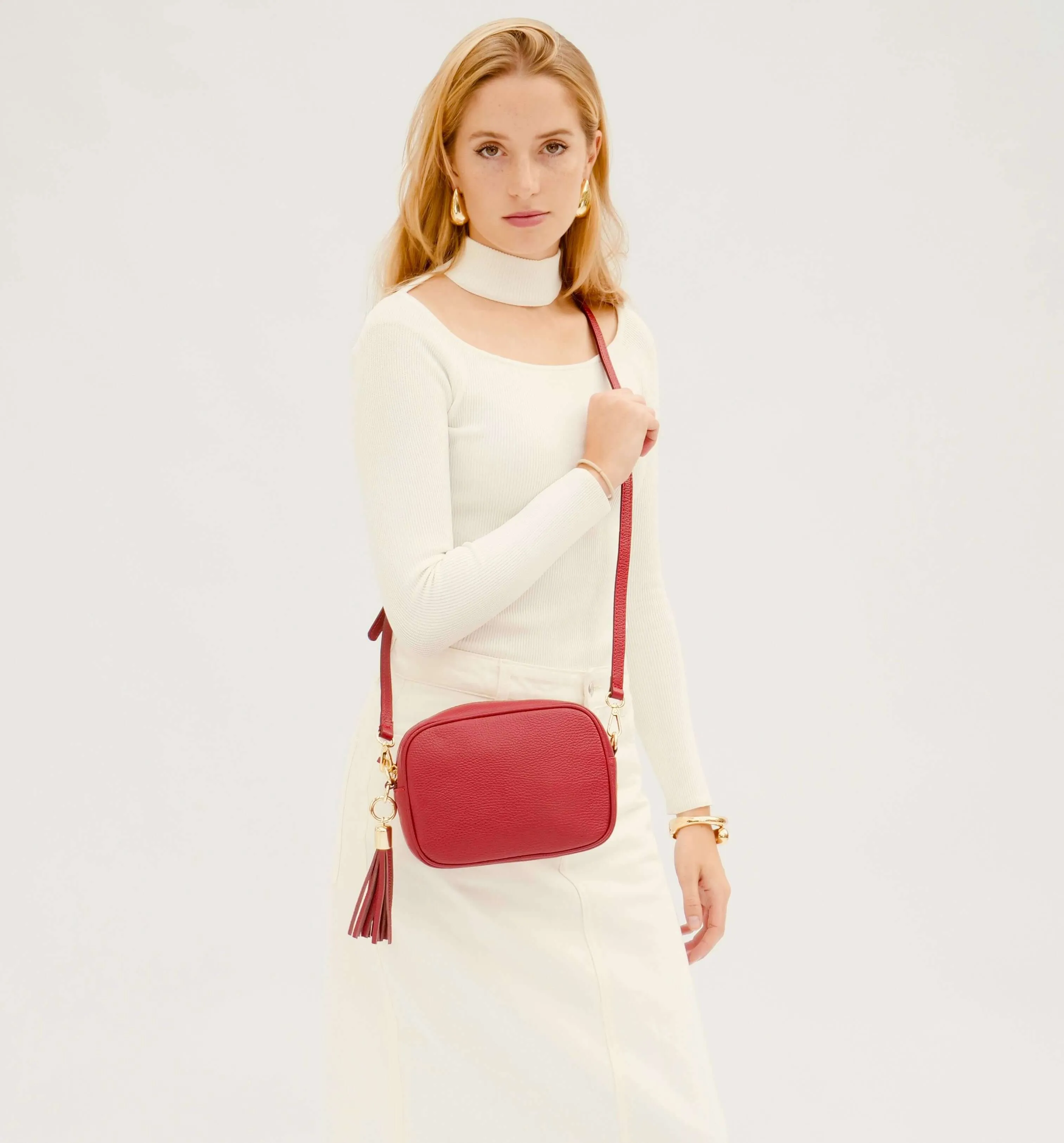 The Tassel Cherry Red Leather Crossbody Bag With Gold Chain Strap