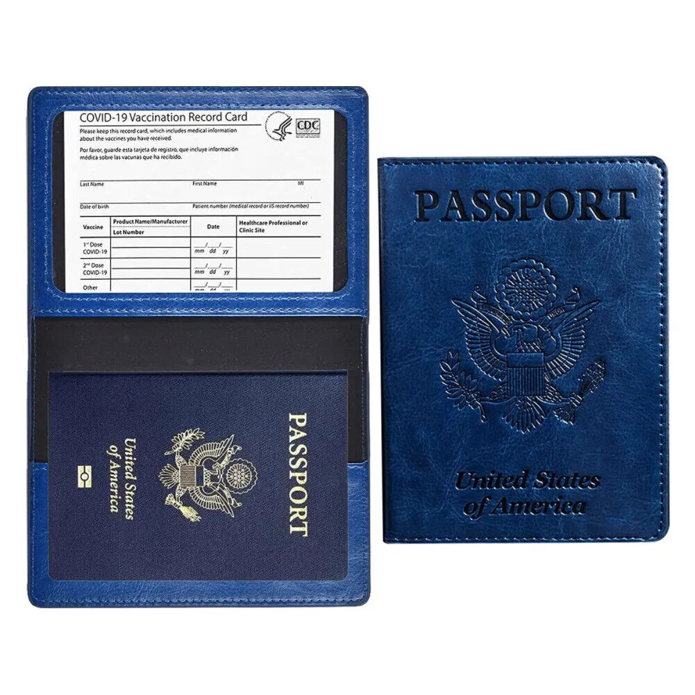 US 1-2 Pc Passport Holder Vaccination Certificate Faux Leather Wallet Cover Slim