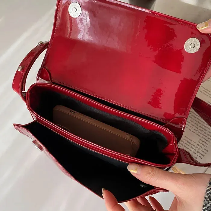 VAIGE Vintage Red Patent Leather Small Square Shoulder Bag - Simple Crossbody Messenger Purse