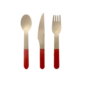 Wooden Cutlery Set of 30 - Cherry Red